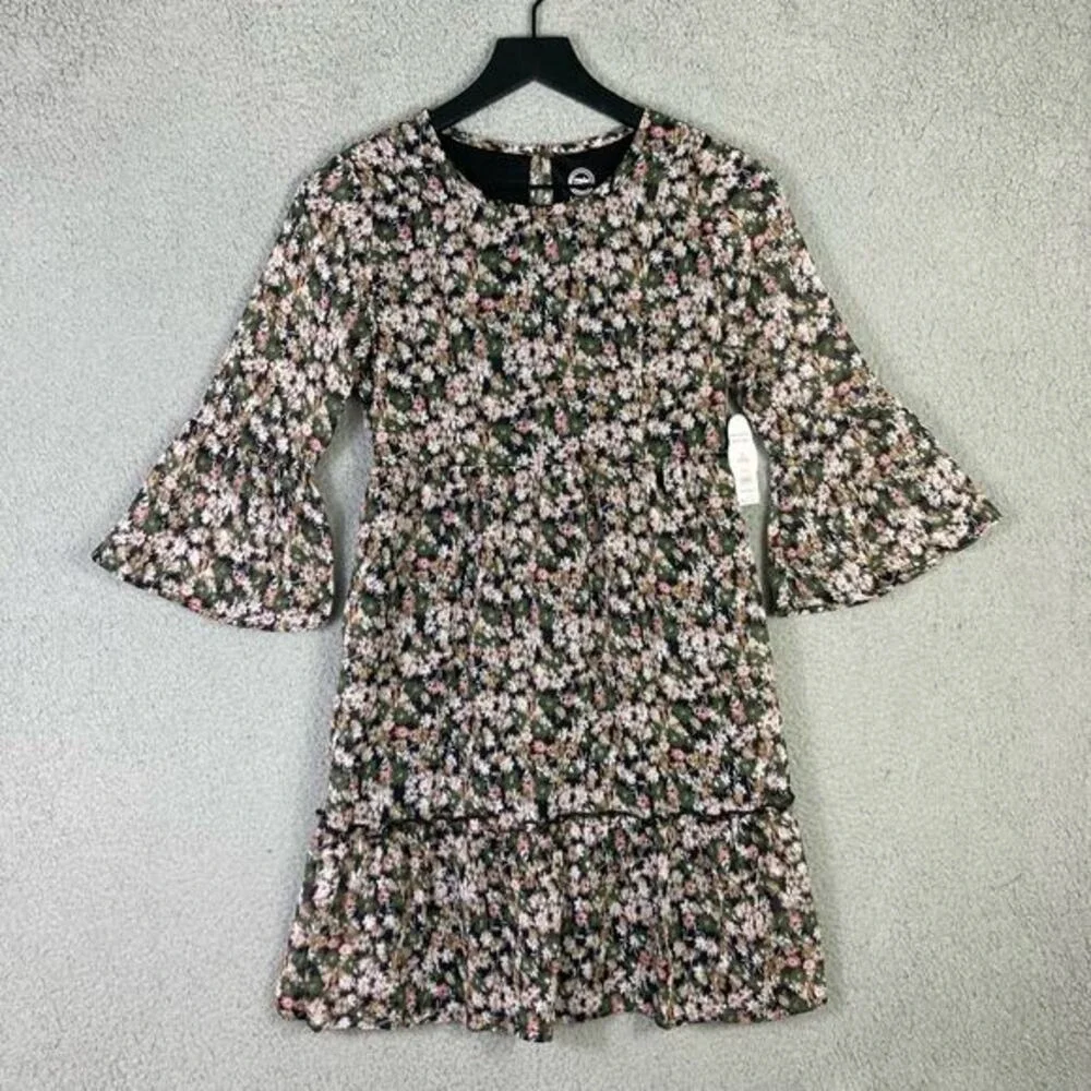 Girls Floral Dress‎ Size L Bell Sleeve Mini Multicolor Ruffle Casual Spring
